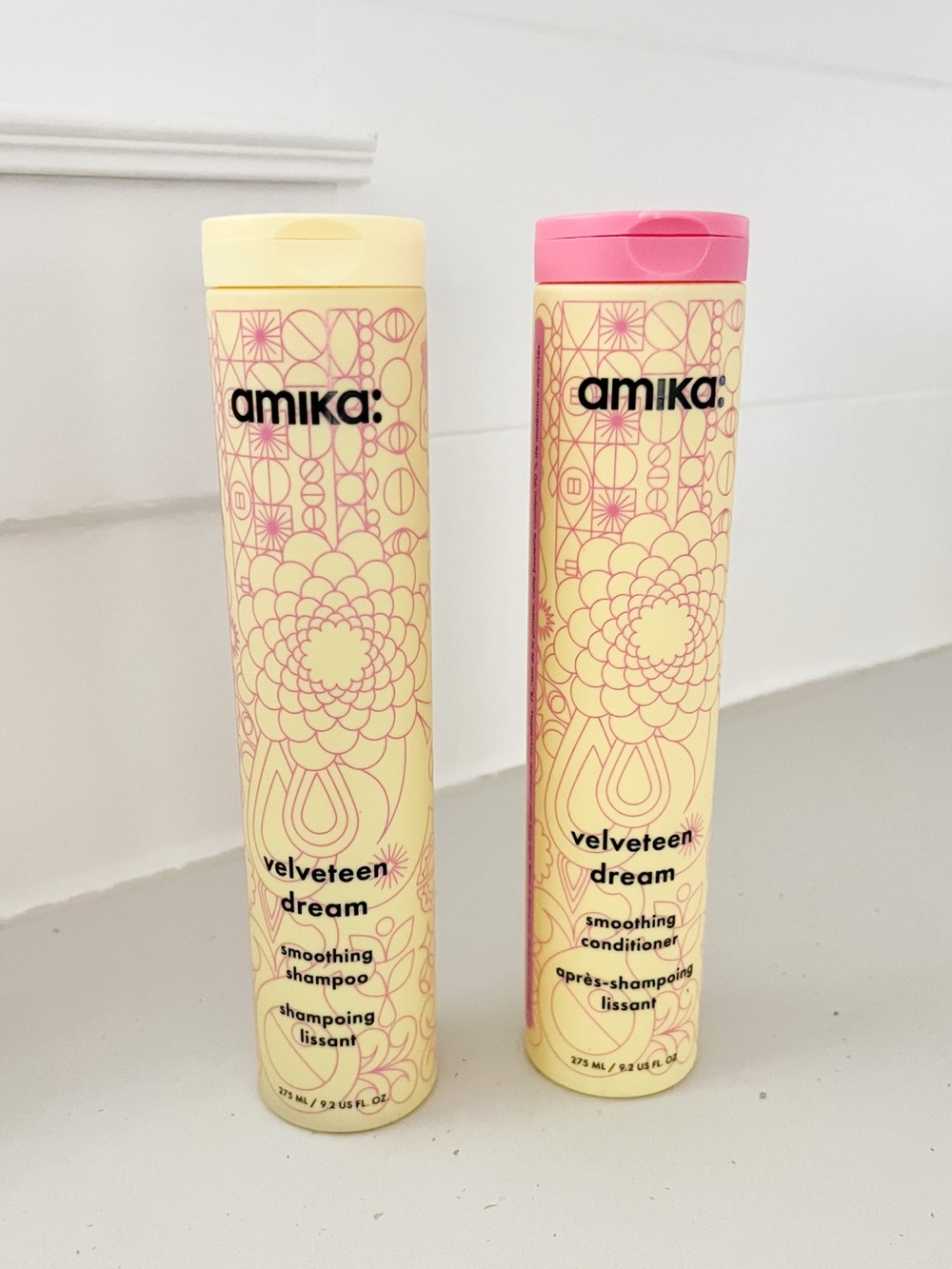amika Velveteen Dream Smoothing Shampoo & Conditioner - Yellow and Pink Caps